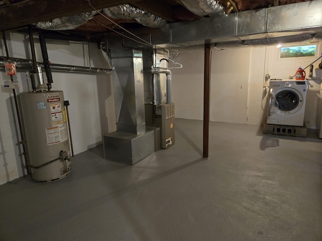 22 Cypress St, East Falmouth, MA 02536 - unfinished below grade area featuring washer / dryer, water heater, heating unit, and concrete block wall