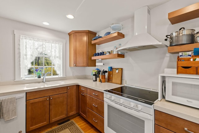 292 Stage Harbor Rd, Chatham, MA 02633 - kitchen with white appliances, island range hood, a sink, open shelves, and light countertops