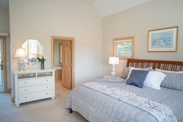 47 Stoney Pond Cir, Marstons Mills, MA 02648 - bedroom with high vaulted ceiling, light colored carpet, and connected bathroom