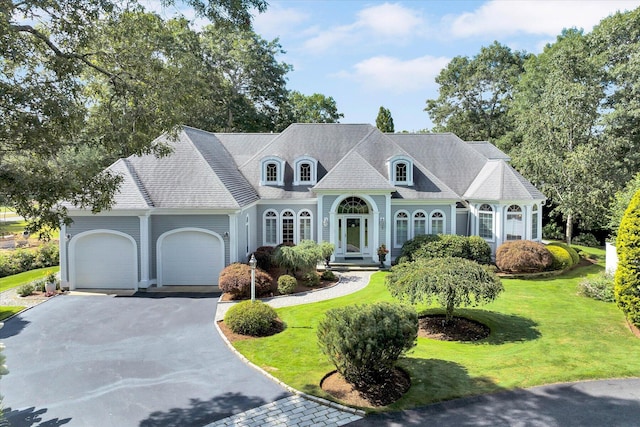 view of front of property featuring driveway, an attached garage, a front lawn, and a shingled roof