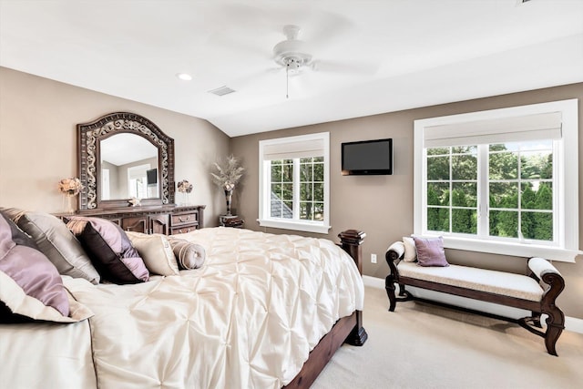 carpeted bedroom featuring a ceiling fan, recessed lighting, visible vents, and baseboards