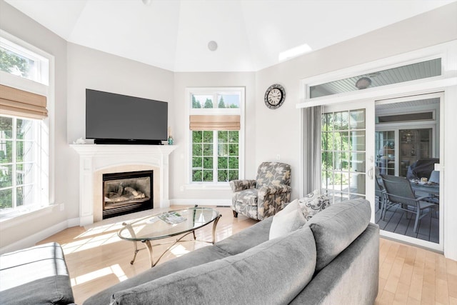 living room with plenty of natural light, a fireplace with flush hearth, baseboards, and wood finished floors