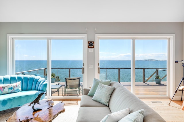 living area with a water view, healthy amount of natural light, and wood finished floors
