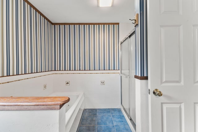 29 Windward Walk, Harwich Port, MA 02646 - full bathroom featuring a stall shower, a garden tub, tile patterned flooring, and tile walls