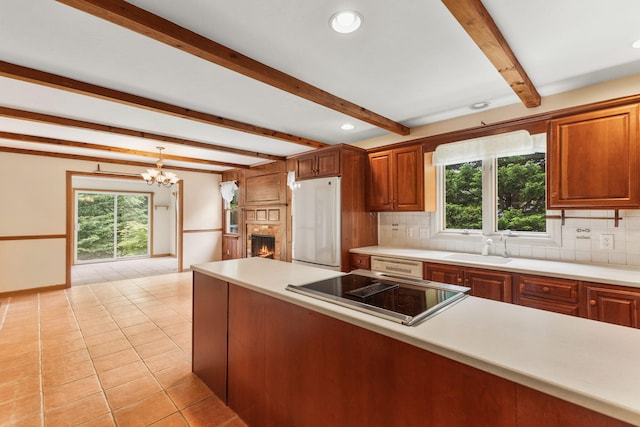 29 Windward Walk, Harwich Port, MA 02646 - kitchen featuring white appliances, a sink, backsplash, beam ceiling, and light countertops