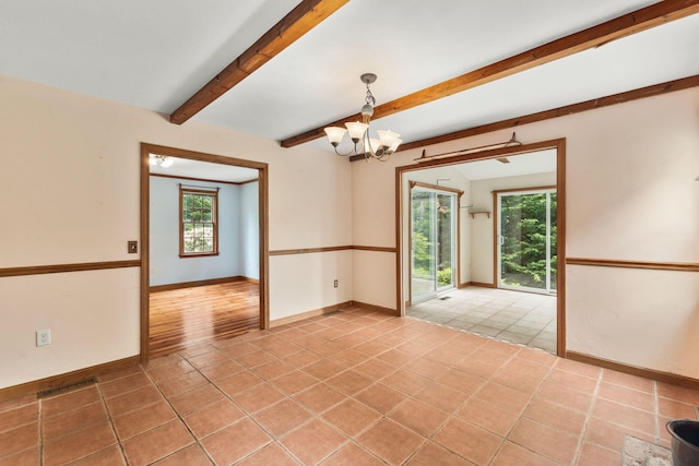 29 Windward Walk, Harwich Port, MA 02646 - spare room with healthy amount of natural light, light tile patterned flooring, a chandelier, and beam ceiling