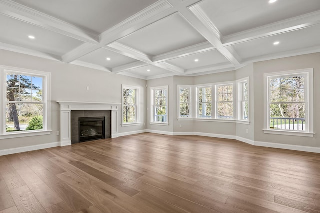 14 Azalea Ln, Mashpee, MA 02649 - unfurnished living room featuring plenty of natural light, hardwood / wood-style flooring, baseboards, beamed ceiling, and coffered ceiling