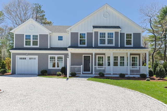 14 Azalea Ln, Mashpee, MA 02649 - modern inspired farmhouse with covered porch, gravel driveway, an attached garage, board and batten siding, and a front yard