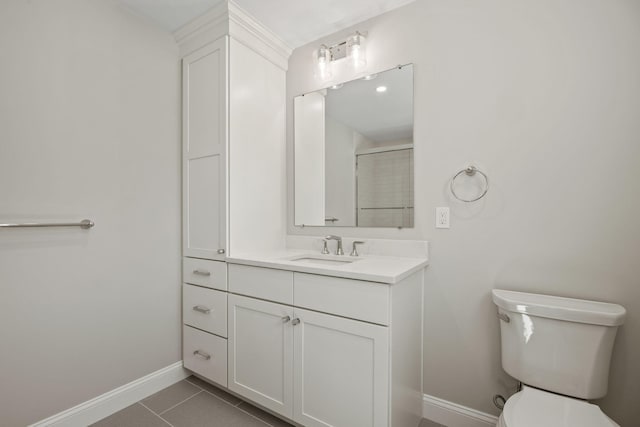 14 Azalea Ln, Mashpee, MA 02649 - bathroom featuring baseboards, toilet, vanity, tile patterned flooring, and a shower
