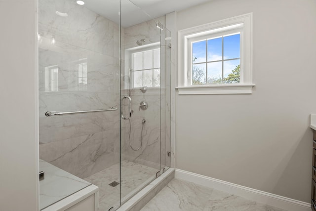 14 Azalea Ln, Mashpee, MA 02649 - full bathroom with vanity, marble finish floors, a marble finish shower, and baseboards