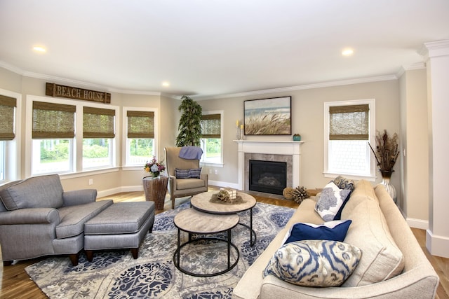 living room with wood-type flooring, a tile fireplace, and crown molding