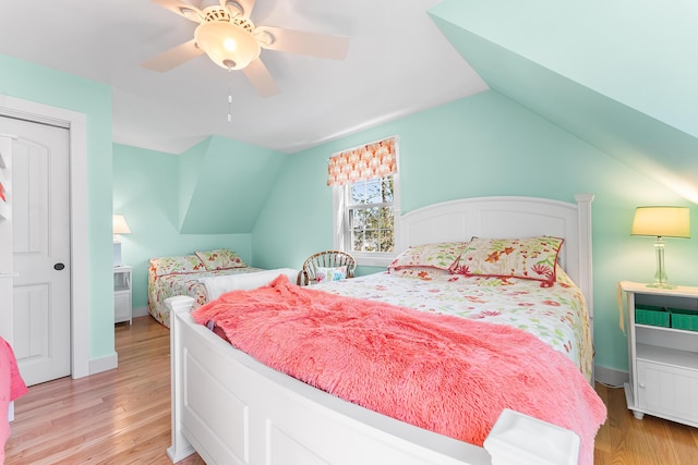 7 John St, Wareham, MA 02571 - bedroom with light wood-style flooring, baseboards, lofted ceiling, and ceiling fan