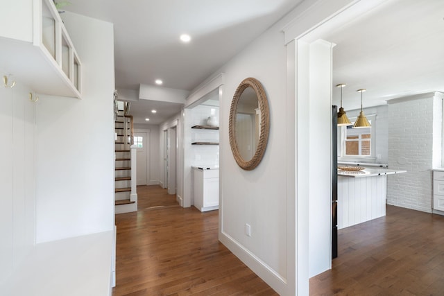1180 Main St, Cotuit, MA 02635 - hall with dark wood-style floors, stairs, recessed lighting, and baseboards