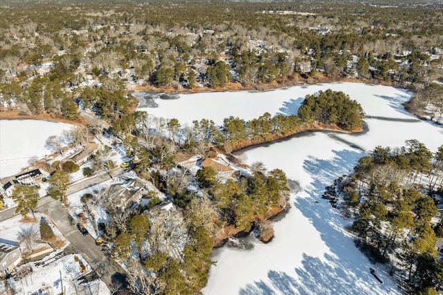 snowy aerial view featuring a water view