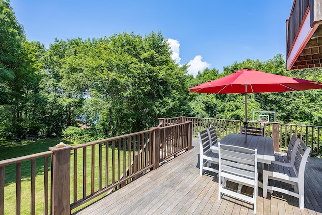 908 W Falmouth Hwy, Falmouth, MA 02540 - wooden terrace with outdoor dining space, a yard, and view of wooded area