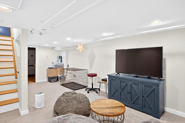 908 W Falmouth Hwy, Falmouth, MA 02540 - living area featuring light colored carpet, recessed lighting, and stairway