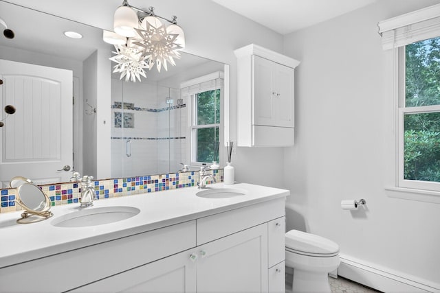 908 W Falmouth Hwy, Falmouth, MA 02540 - bathroom featuring baseboard heating, double vanity, a shower stall, and a chandelier