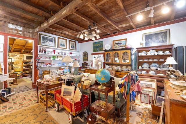 1424 Main St, Brewster, MA 02631 - office area featuring wooden ceiling, track lighting, beam ceiling, and a chandelier
