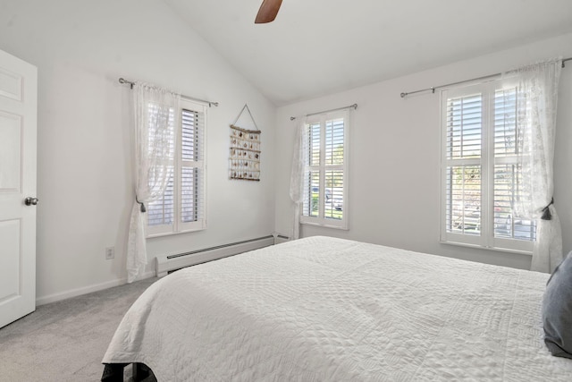 bedroom with a baseboard radiator, carpet floors, lofted ceiling, ceiling fan, and baseboards