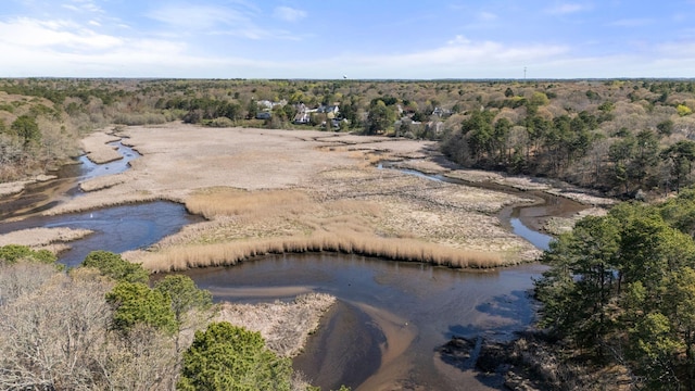 drone / aerial view of a nearby body of water and a forest