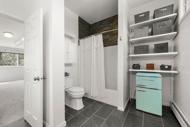 bathroom with baseboard heating, toilet, shower / bath combo with shower curtain, and baseboards