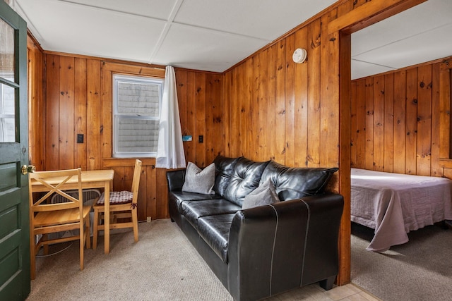 living area featuring wooden walls, a wealth of natural light, and light colored carpet