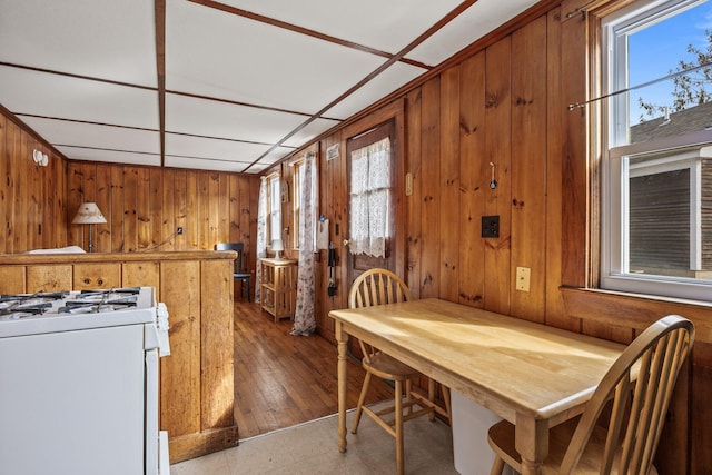 dining space featuring wood walls