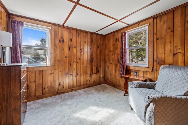 living area with plenty of natural light, carpet, and wooden walls