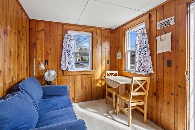 living area featuring wooden walls