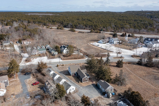 bird's eye view with a wooded view