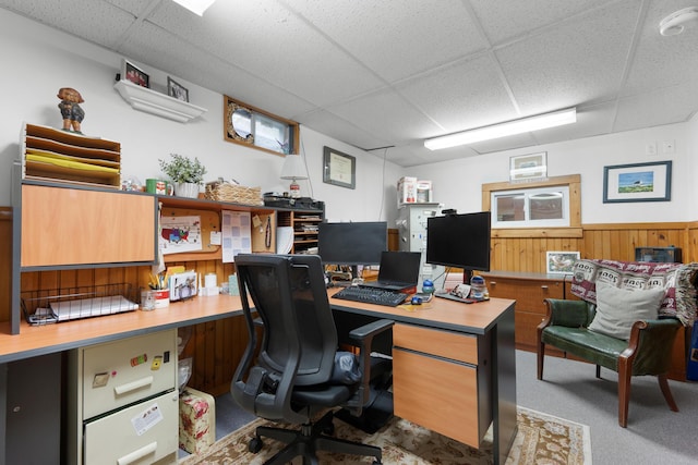 95 Red Brook Rd, Waquoit, MA 02536 - office area with a drop ceiling, carpet, wainscoting, and wood walls