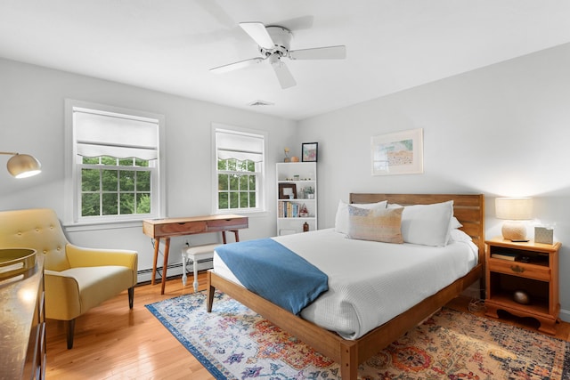 95 Red Brook Rd, Waquoit, MA 02536 - bedroom with a baseboard radiator, light wood-style floors, and ceiling fan
