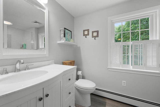 95 Red Brook Rd, Waquoit, MA 02536 - full bath with a baseboard radiator, vanity, wood finished floors, and a shower