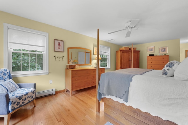 95 Red Brook Rd, Waquoit, MA 02536 - bedroom featuring a baseboard heating unit, light wood-style flooring, and ceiling fan
