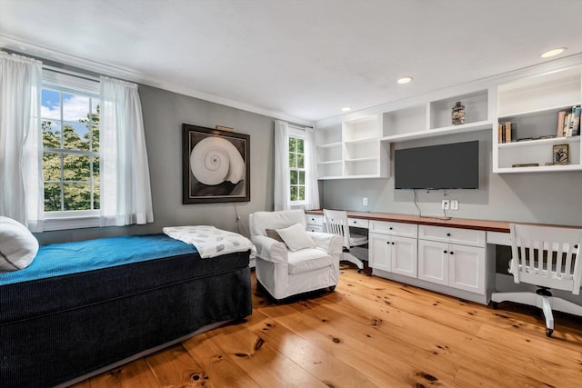 37 Tobisset St, Mashpee, MA 02649 - bedroom featuring built in study area, light wood finished floors, and ornamental molding