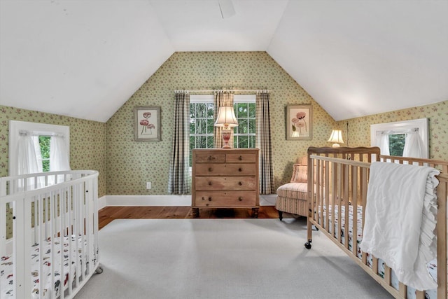 37 Tobisset St, Mashpee, MA 02649 - bedroom with lofted ceiling, wood finished floors, and wallpapered walls