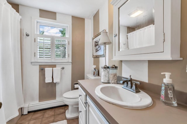 37 Tobisset St, Mashpee, MA 02649 - full bath featuring baseboard heating, vanity, tile patterned flooring, and a shower with shower curtain