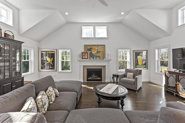 living room with high vaulted ceiling, dark wood-type flooring, a fireplace, and baseboards