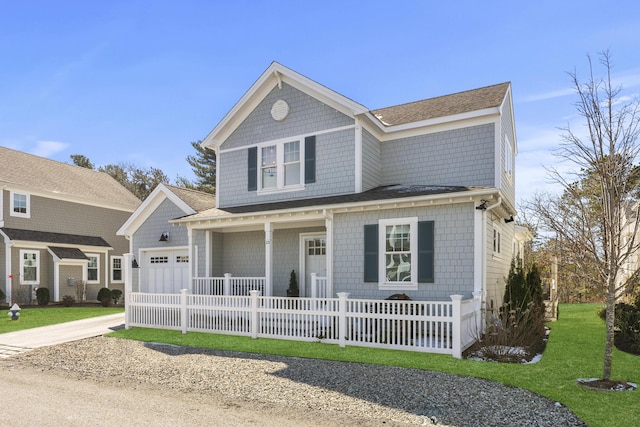 shingle-style home with a shingled roof, concrete driveway, a fenced front yard, an attached garage, and covered porch