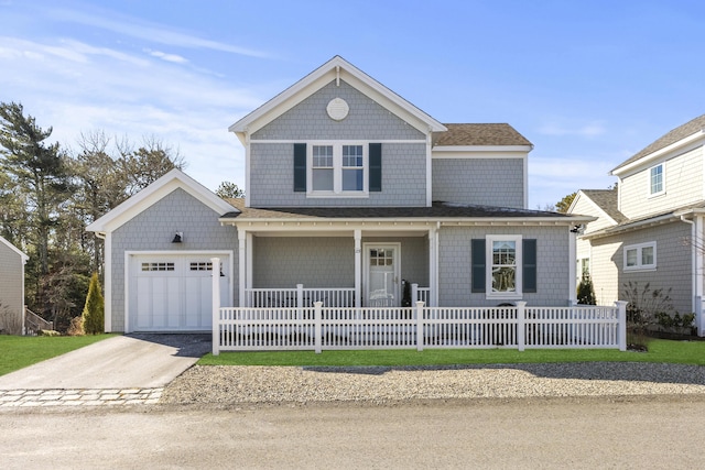 view of front of home with a fenced front yard, roof with shingles, covered porch, an attached garage, and driveway