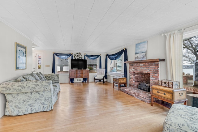 living area featuring ornamental molding and wood finished floors