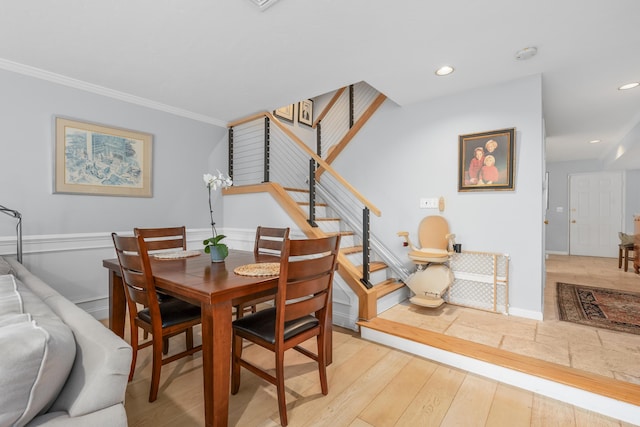 925 Main St Unit 3, Cotuit, MA 02635 - dining space with stairway, light wood-style floors, ornamental molding, recessed lighting, and wainscoting