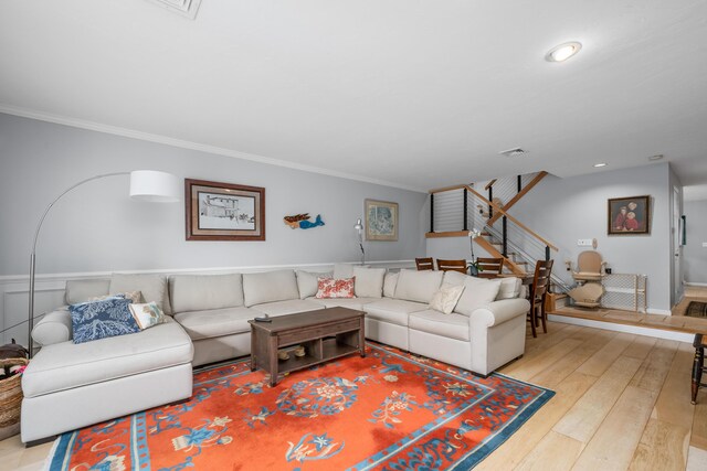 925 Main St Unit 3, Cotuit, MA 02635 - living area with wood-type flooring, stairs, crown molding, and recessed lighting