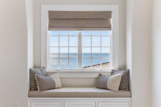 living area with a water view