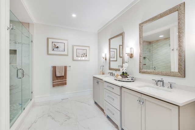 bathroom featuring ornamental molding, a shower with door, and vanity