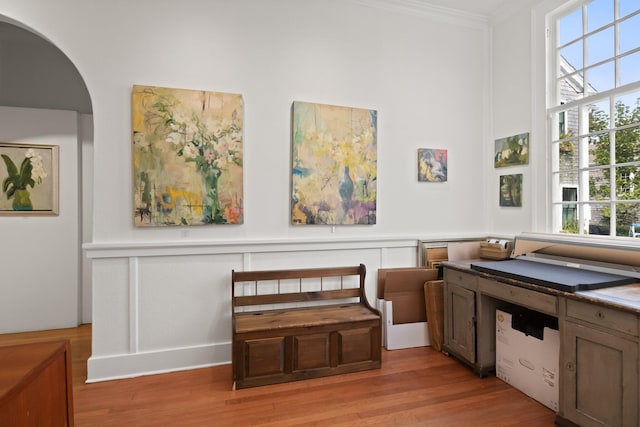 living area with light hardwood / wood-style flooring and crown molding