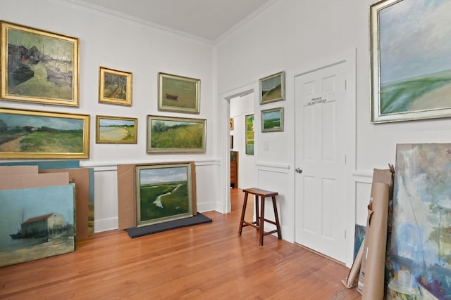 living area featuring light hardwood / wood-style floors and ornamental molding