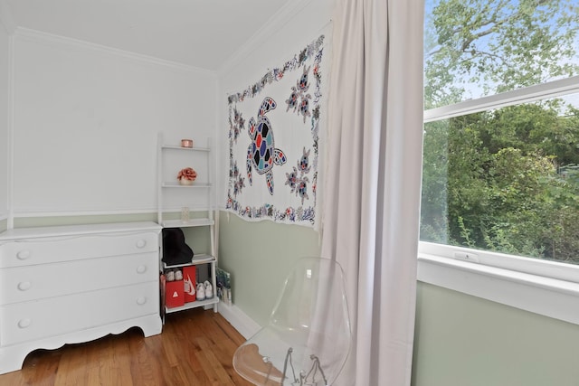 bedroom featuring hardwood / wood-style floors and ornamental molding