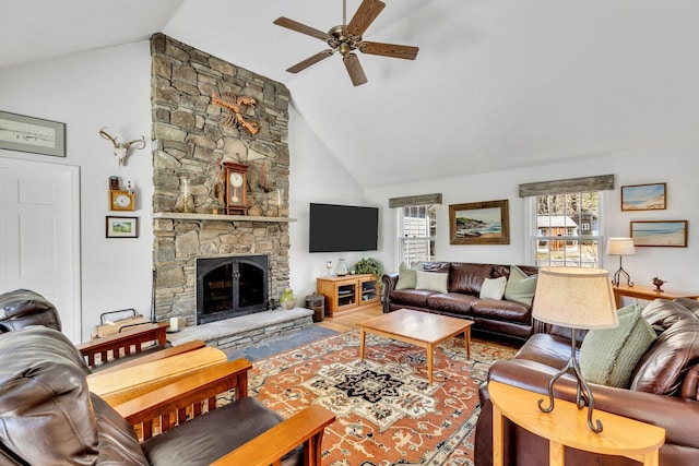 95 Red Brook Rd, Waquoit, MA 02536 - living room with high vaulted ceiling, plenty of natural light, a fireplace, and ceiling fan