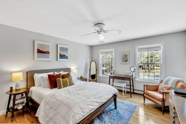 95 Red Brook Rd, Waquoit, MA 02536 - bedroom with baseboards, a ceiling fan, light wood-style floors, visible vents, and a baseboard radiator